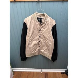 FRIED DENIM Mens Bomber Jacket Beige Black Size M Snap Front‎ Logo Patch